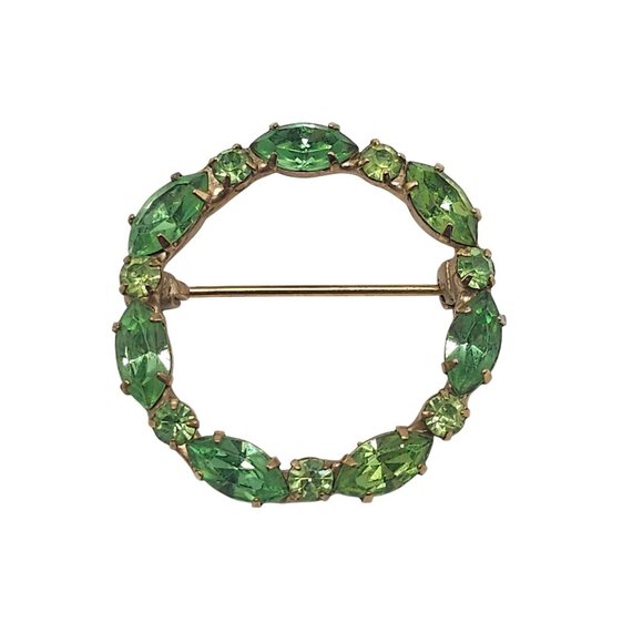 Vintage Gold Tone Circle Brooch With Green Rhinestones - Picture 1 of 4